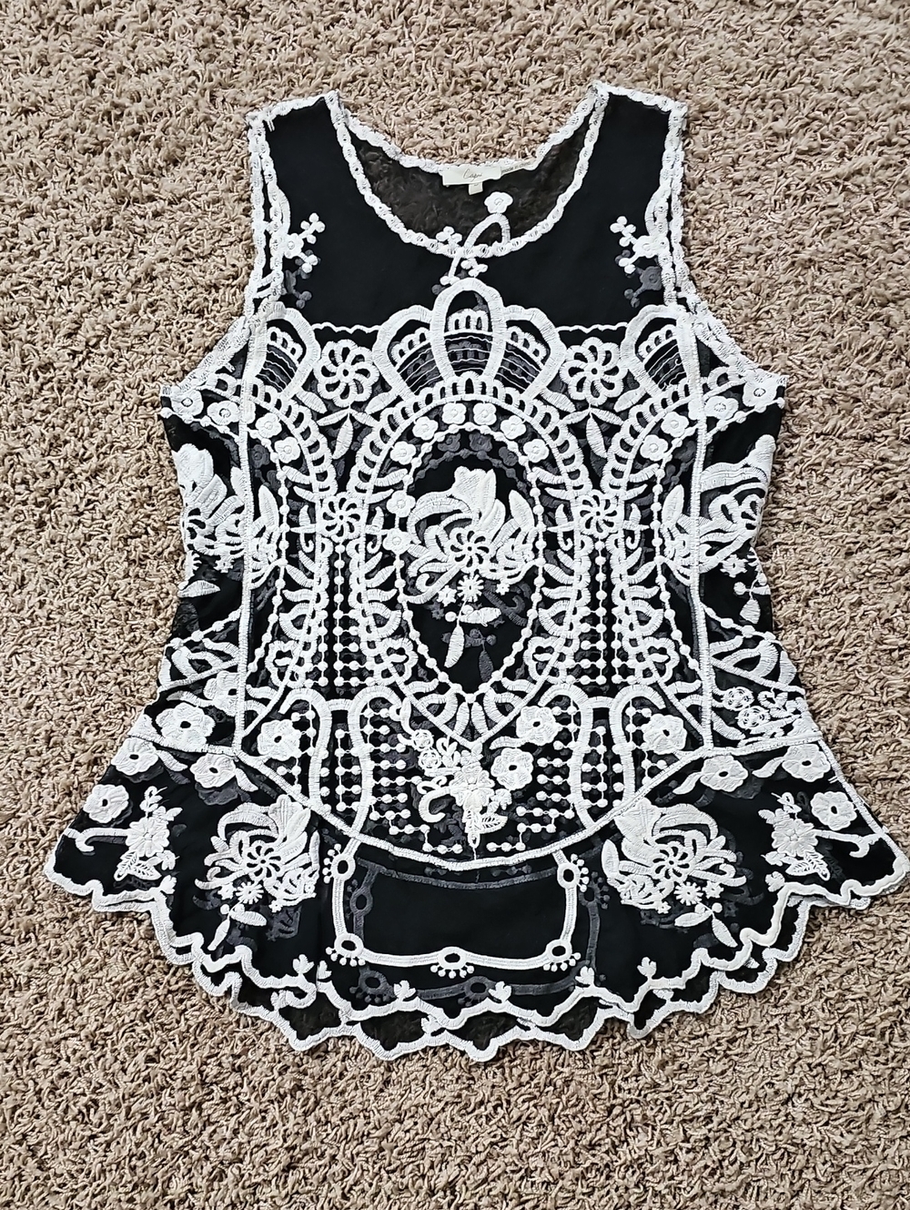 Capri Tank Black Mesh Floral Emboidery Sleeveless Top Scalloped